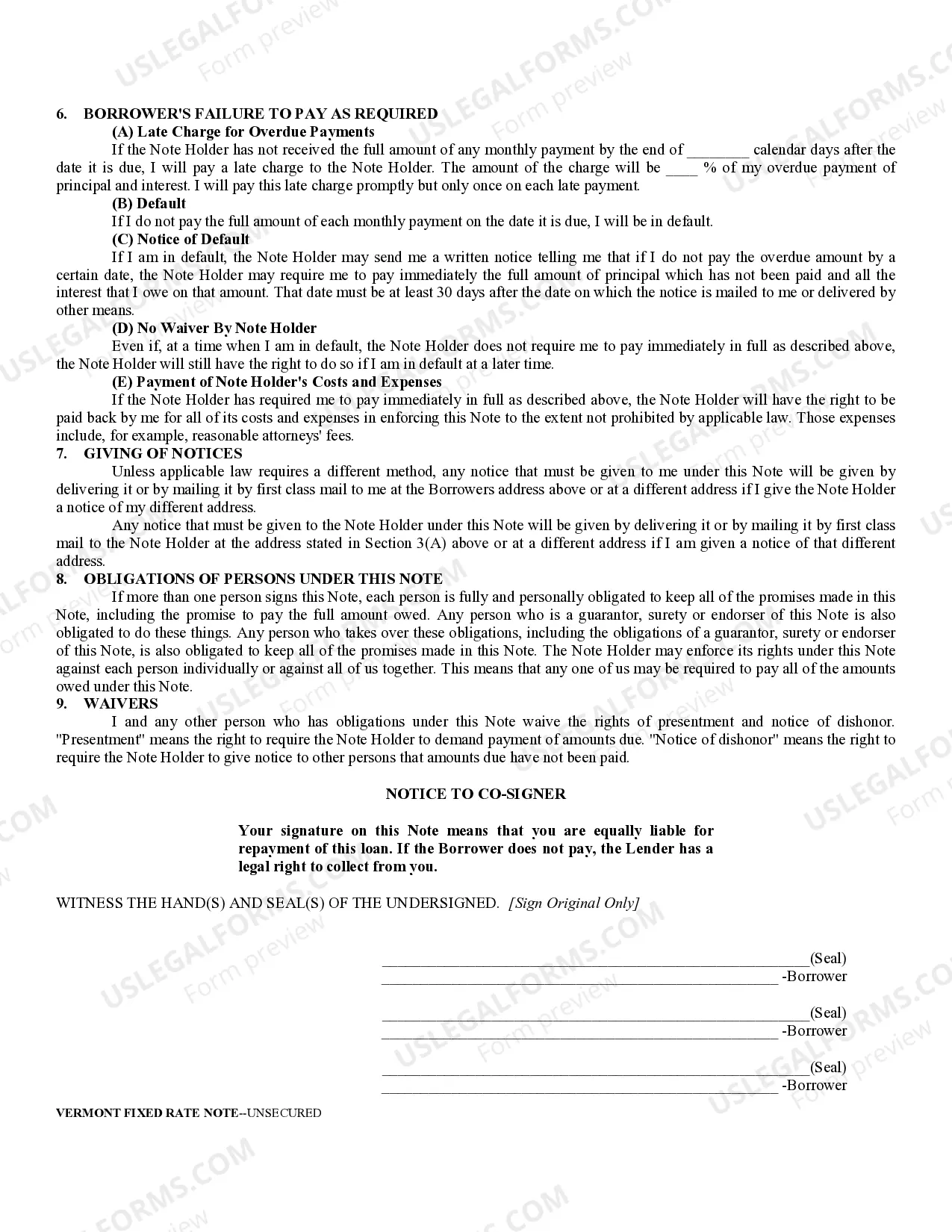 Preview Vermont Unsecured Installment Payment Promissory Note for Fixed Rate