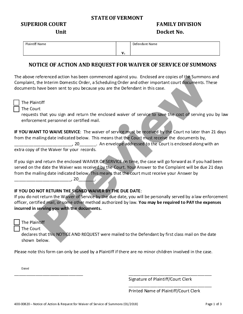 Vermont Notice And Acknowledgment Of Receipt Of Summons And Complaint ...