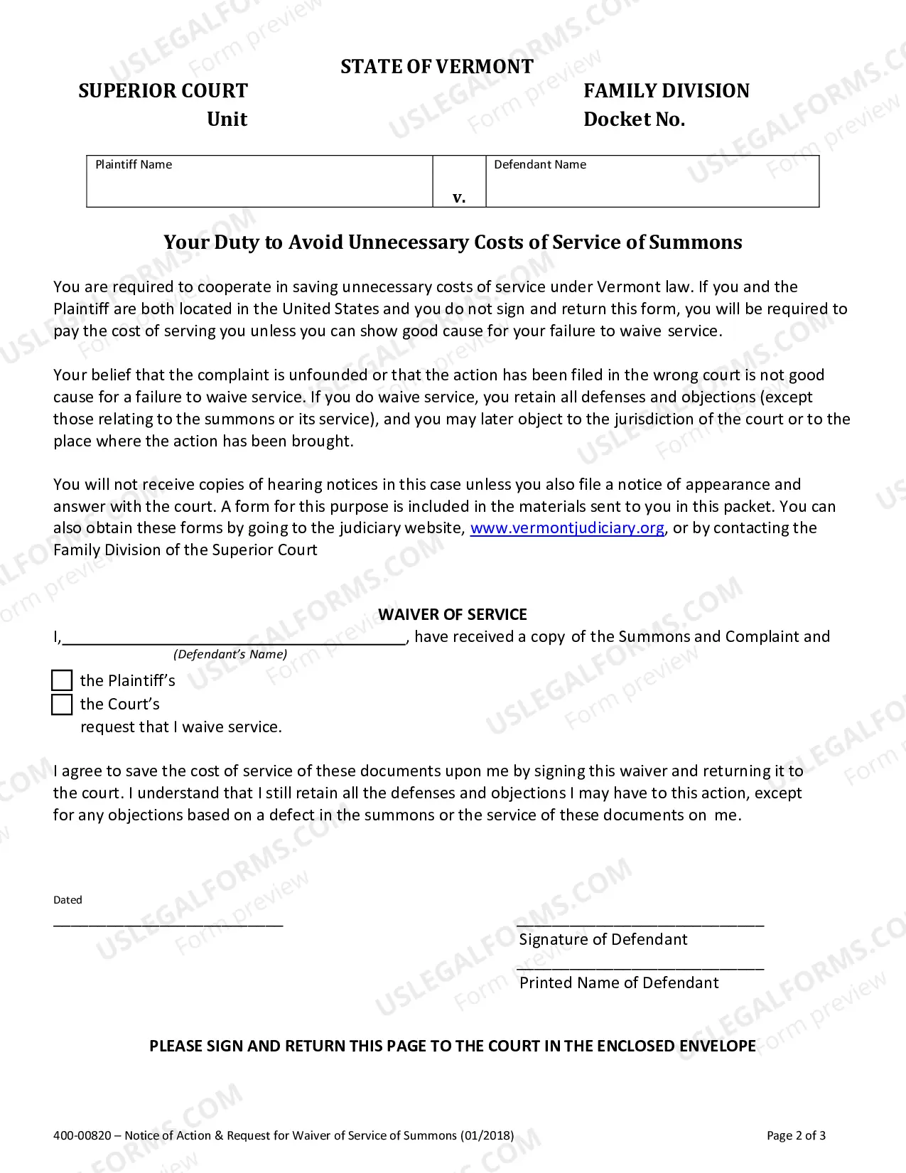 Preview Notice and Acknowledgment of Receipt of Summons and Complaint