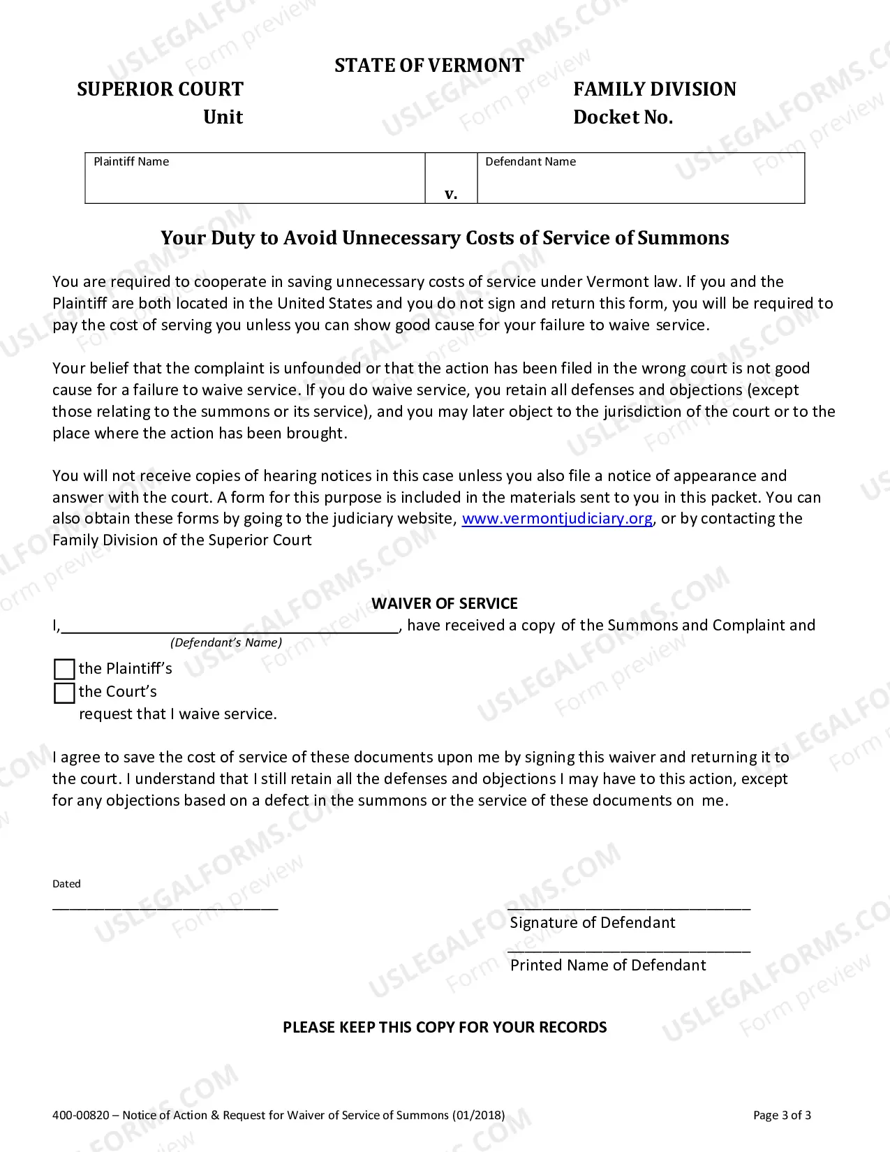 Preview Notice and Acknowledgment of Receipt of Summons and Complaint