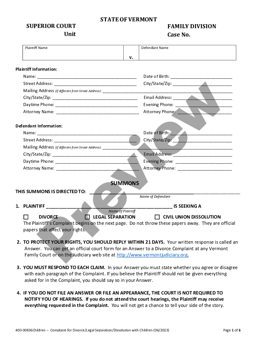 Vermont Summons, Complaint for Divorce, Notice of Appearance, and