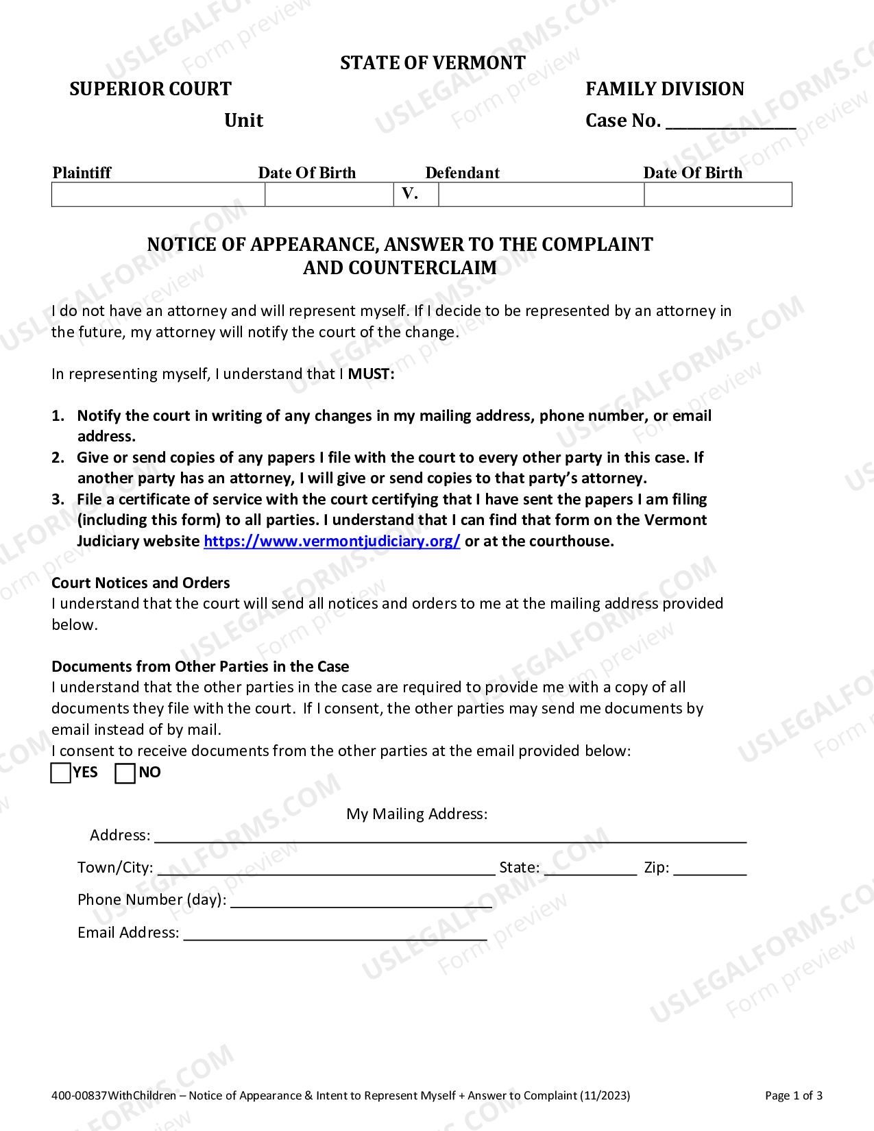 Vermont Answer to Divorce Complaint and Notice of Appearance Divorce