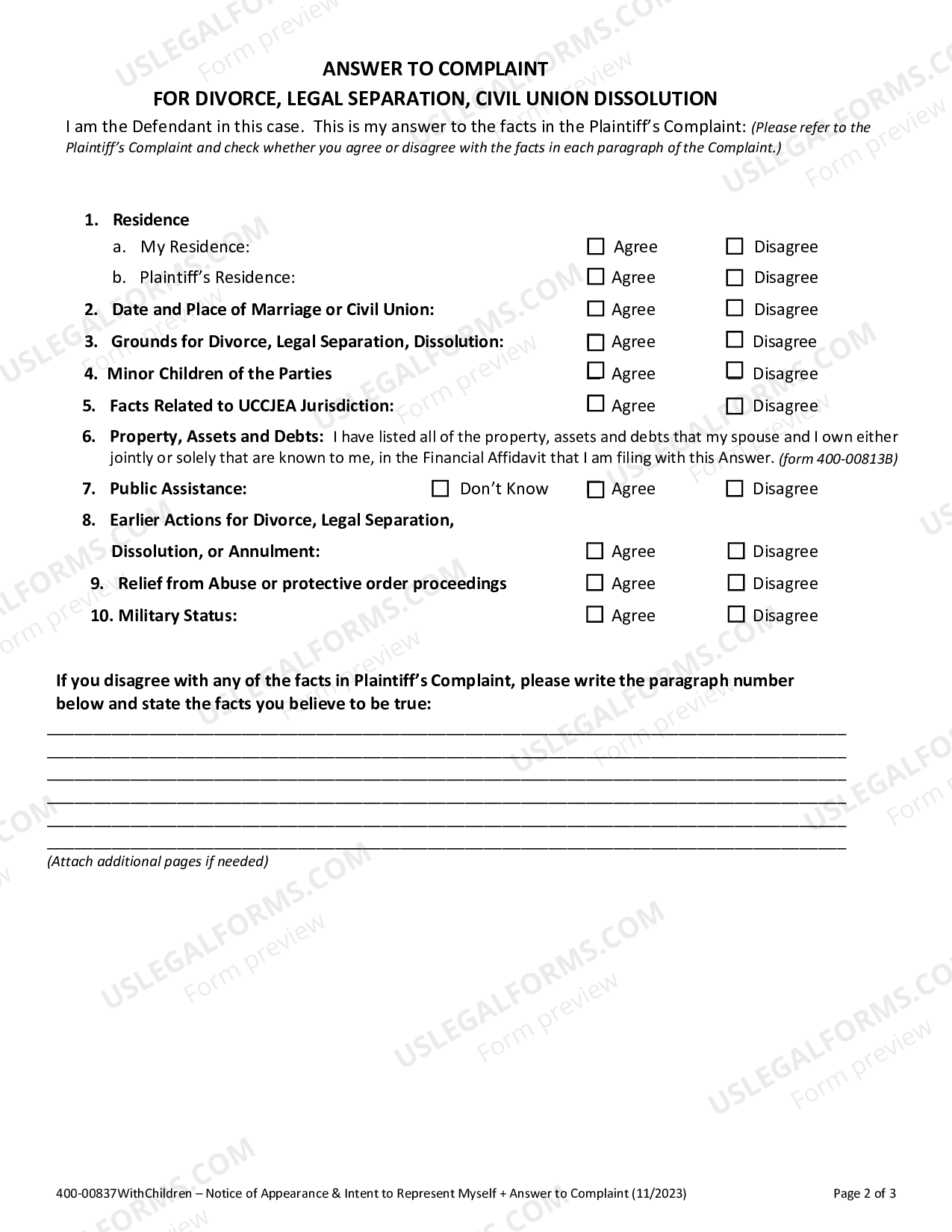 Vermont Answer to Divorce Complaint and Notice of Appearance Divorce