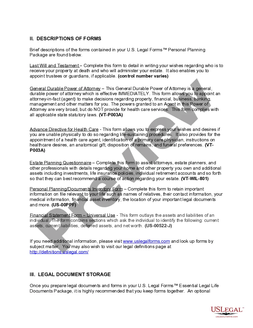 Preview Vermont Life Documents Planning Package, including Will, Power of Attorney and Living Will