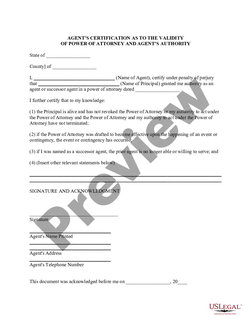 Preview Agent's Certification as to the Validity of Power of Attorney and Agent's Authority
