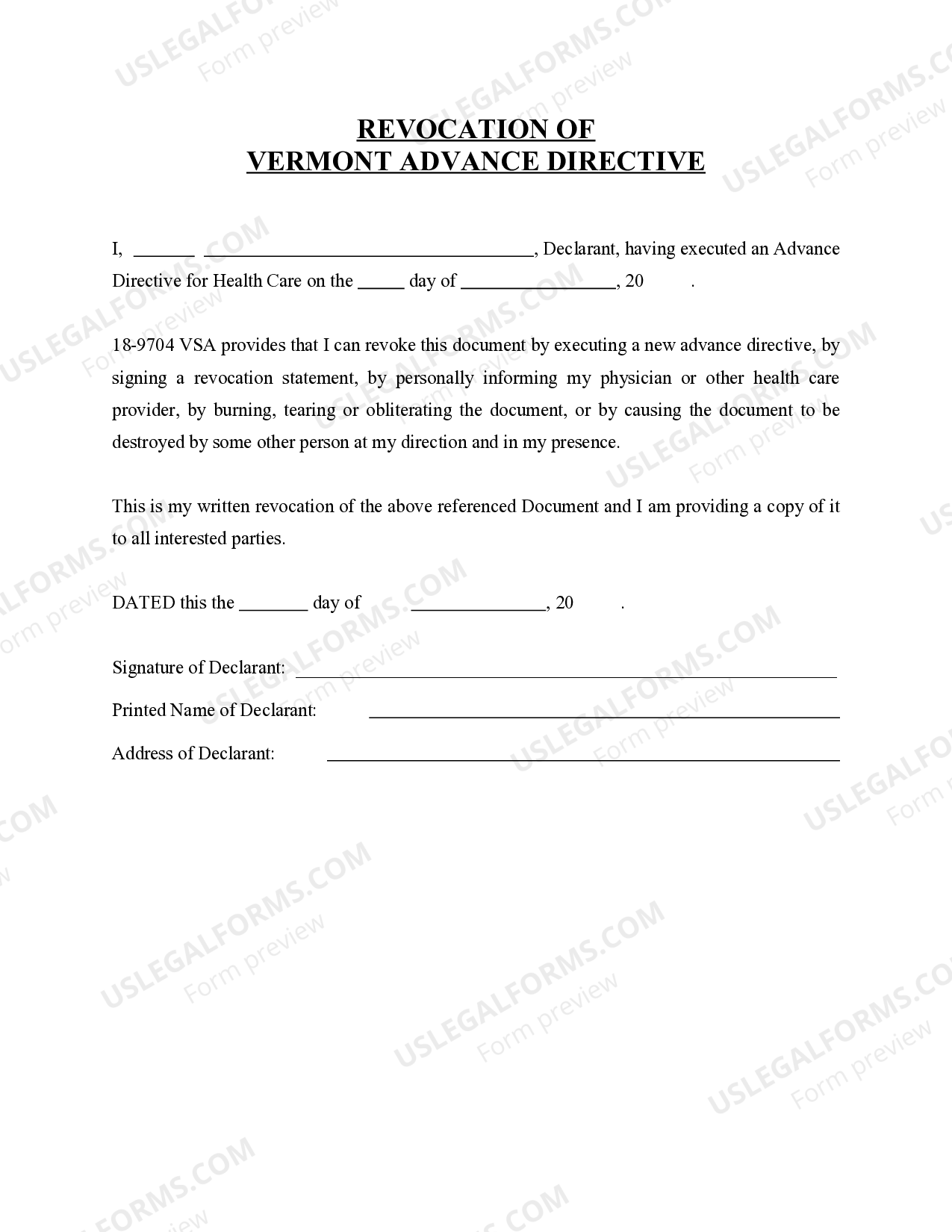 Vermont Revocation of Advance Directive for Healthcare Advance