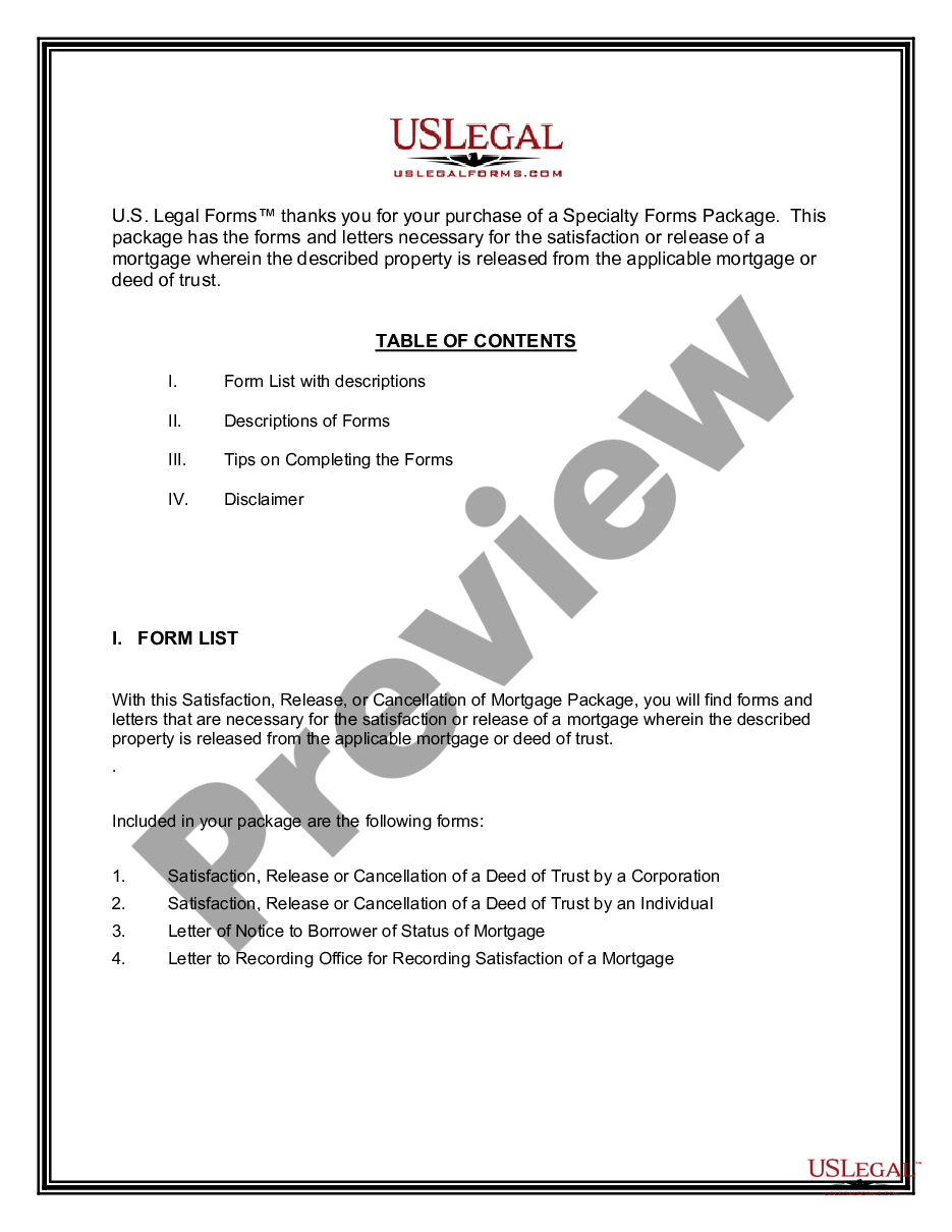 page 1 Satisfaction, Cancellation or Release of Mortgage Package preview