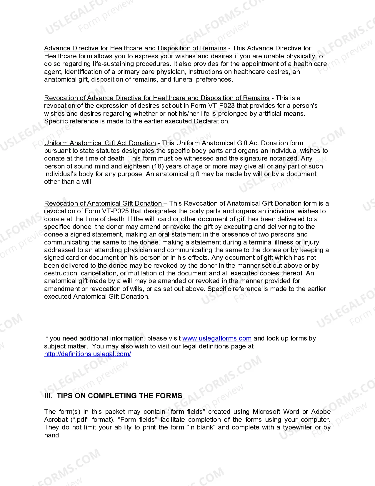 Preview Vermont Living Wills and Health Care Package