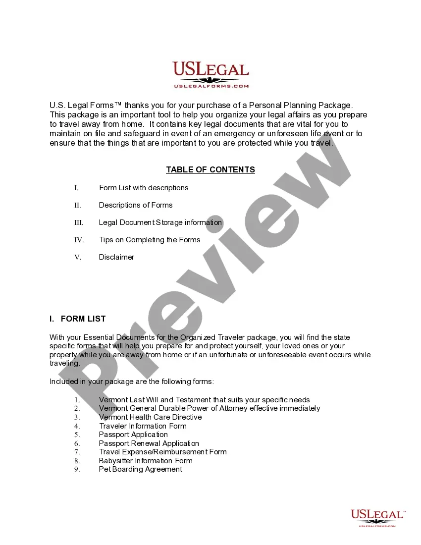 Preview Vermont Essential Documents for the Organized Traveler Package