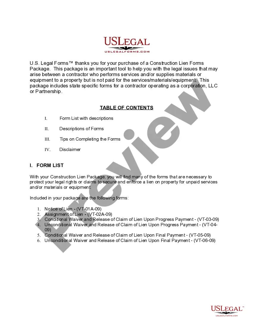 Preview Vermont Construction or Mechanics Lien Package - Corporation or LLC