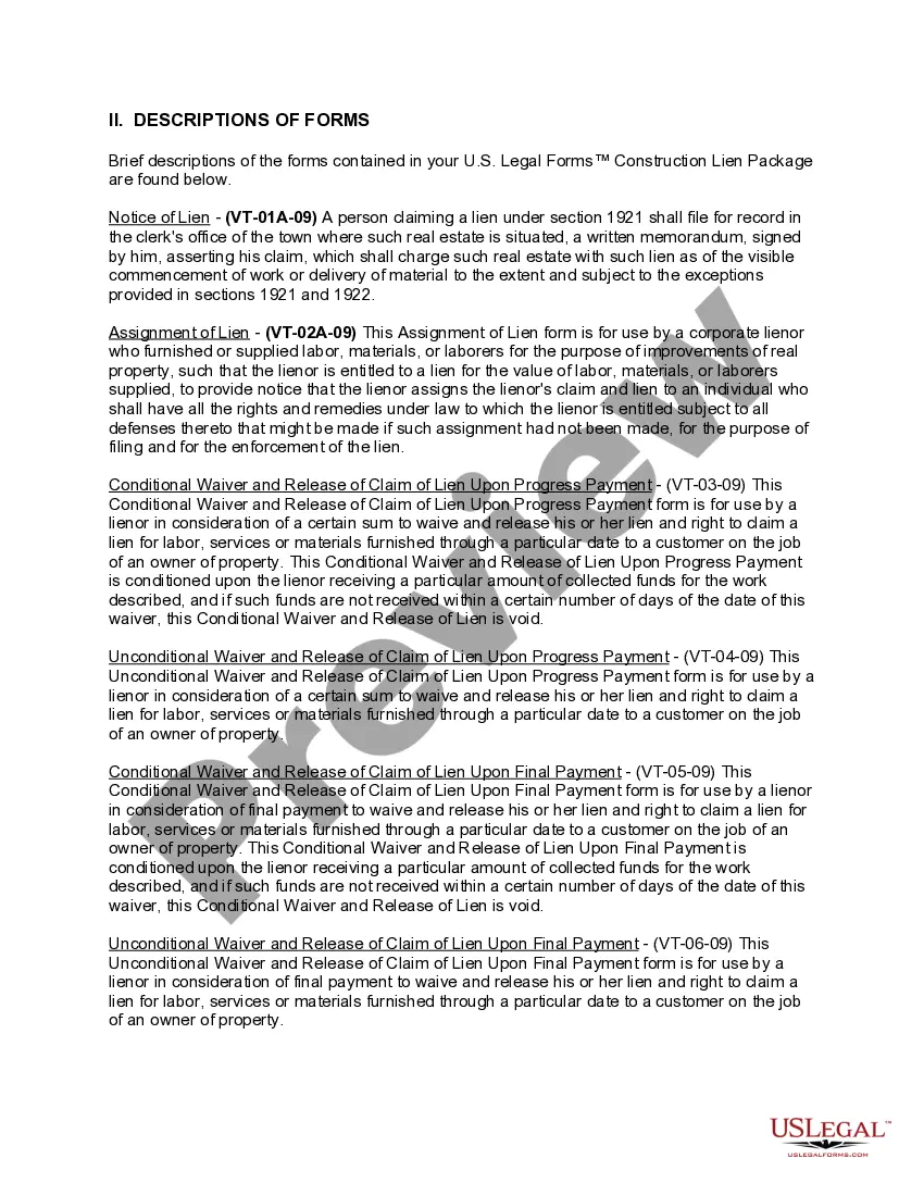 Preview Vermont Construction or Mechanics Lien Package - Corporation or LLC