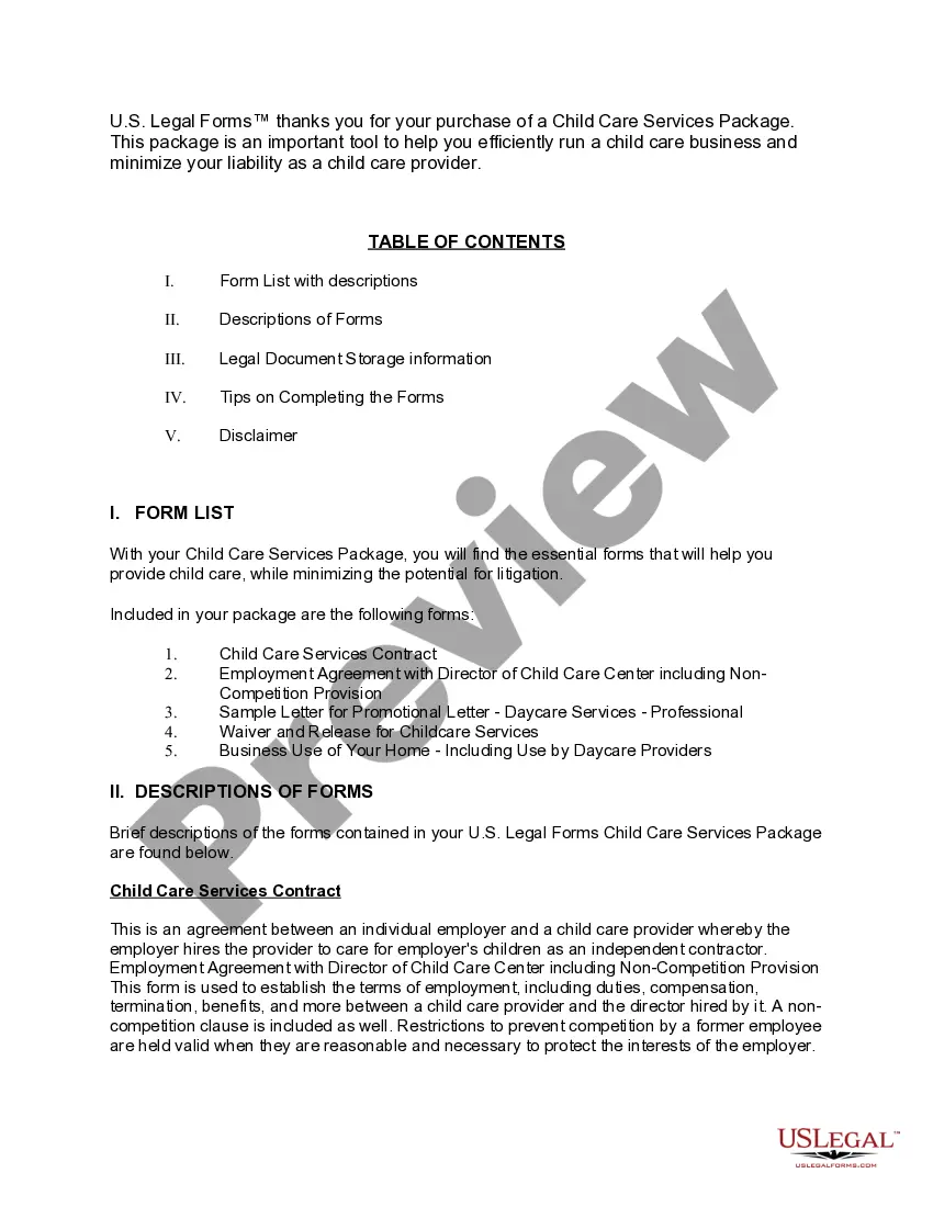 Preview Vermont Child Care Services Package