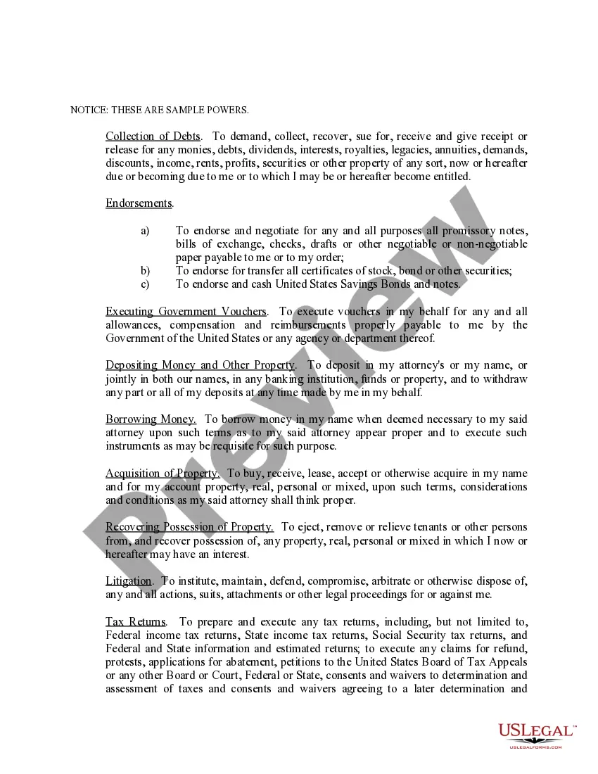 Preview Limited Power of Attorney where you Specify Powers with Sample Powers Included