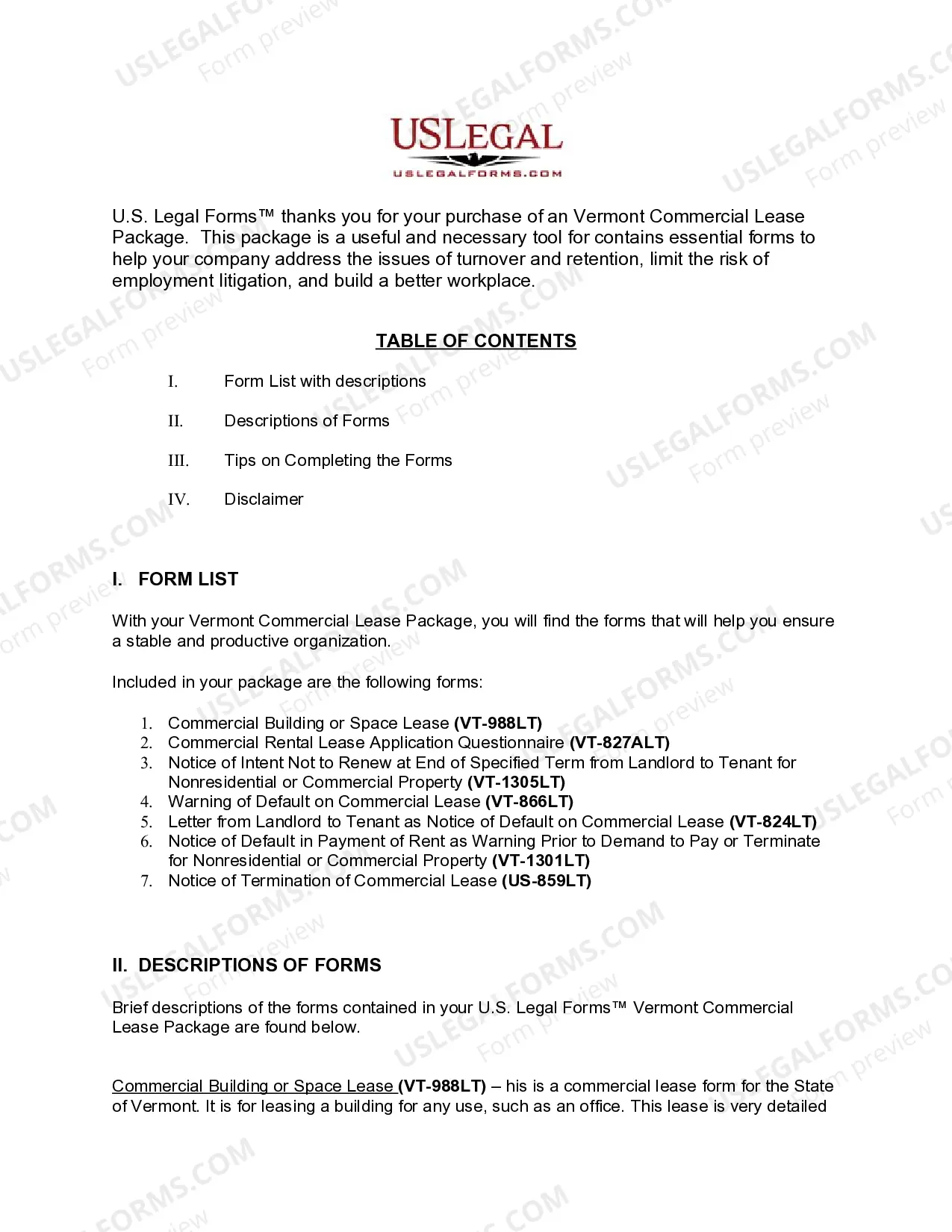 Preview Vermont Commercial Lease Package