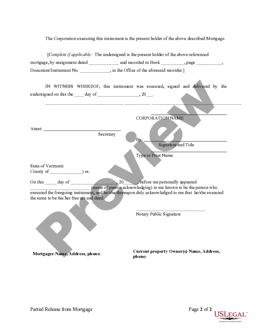 Preview Partial Release of Property From Mortgage for Corporation