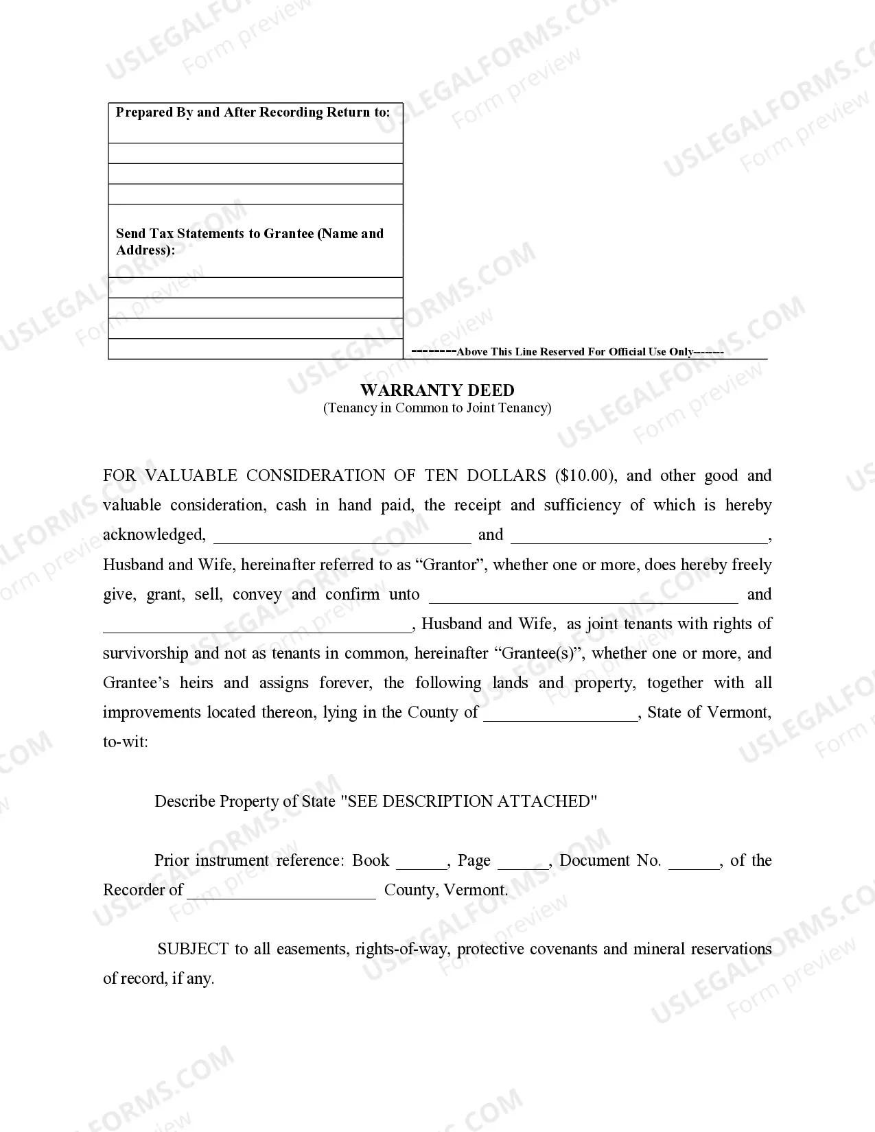 Preview Warranty Deed for Husband and Wife Converting Property from Tenants in Common to Joint Tenancy