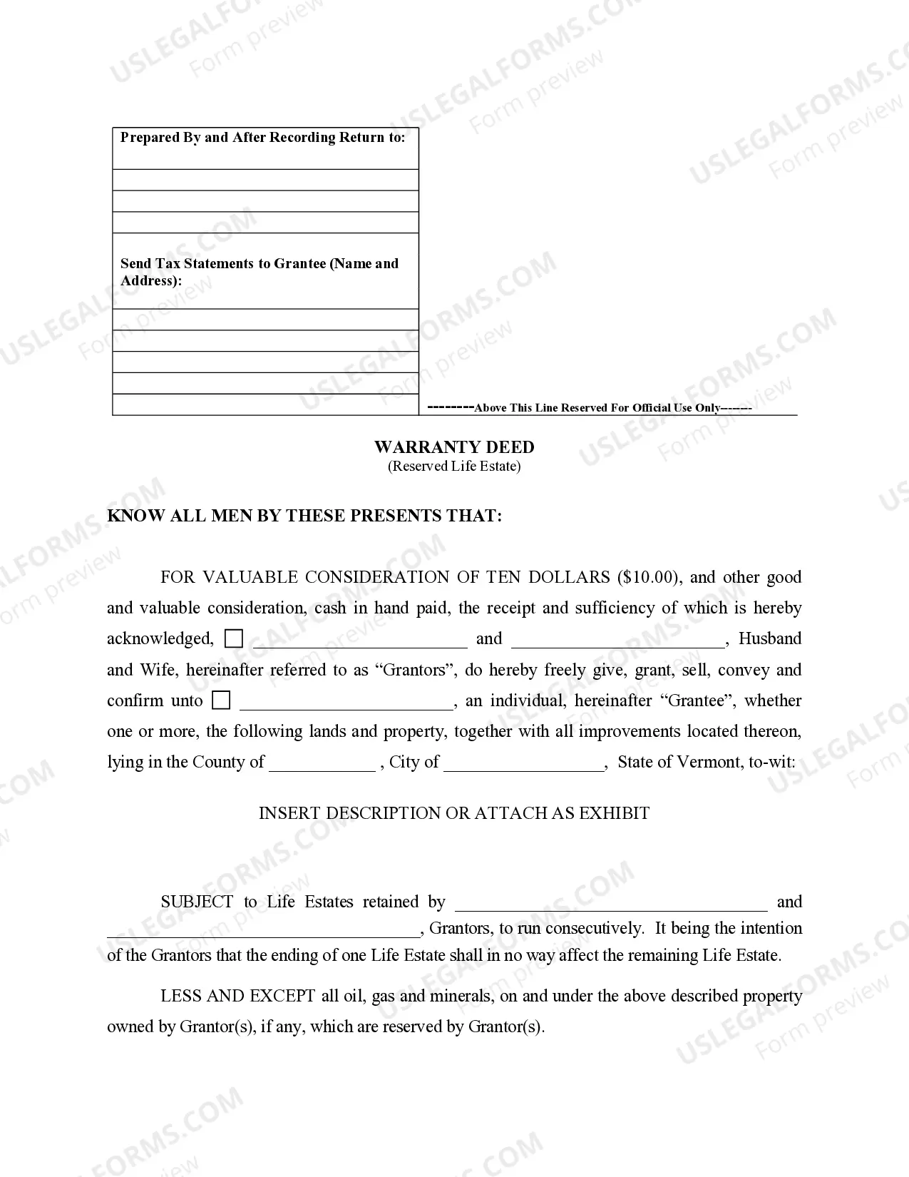 Preview Warranty Deed for Parents to Child with Reservation of Life Estate