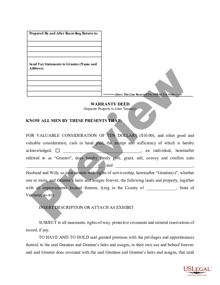 Vermont Warranty Deed For Separate Property Of One Spouse To Both As Joint Tenants Us Legal Forms 