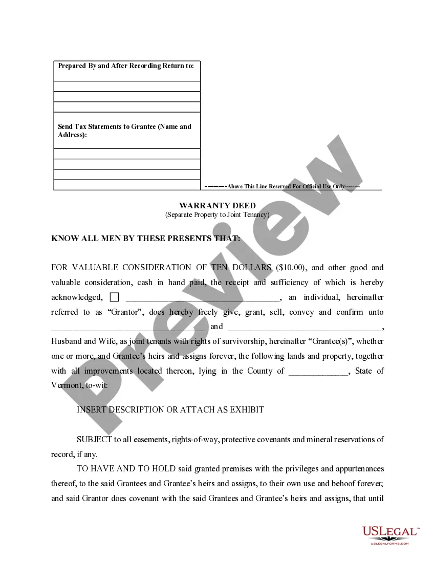 Preview Warranty Deed for Separate Property of one Spouse to both as Joint Tenants