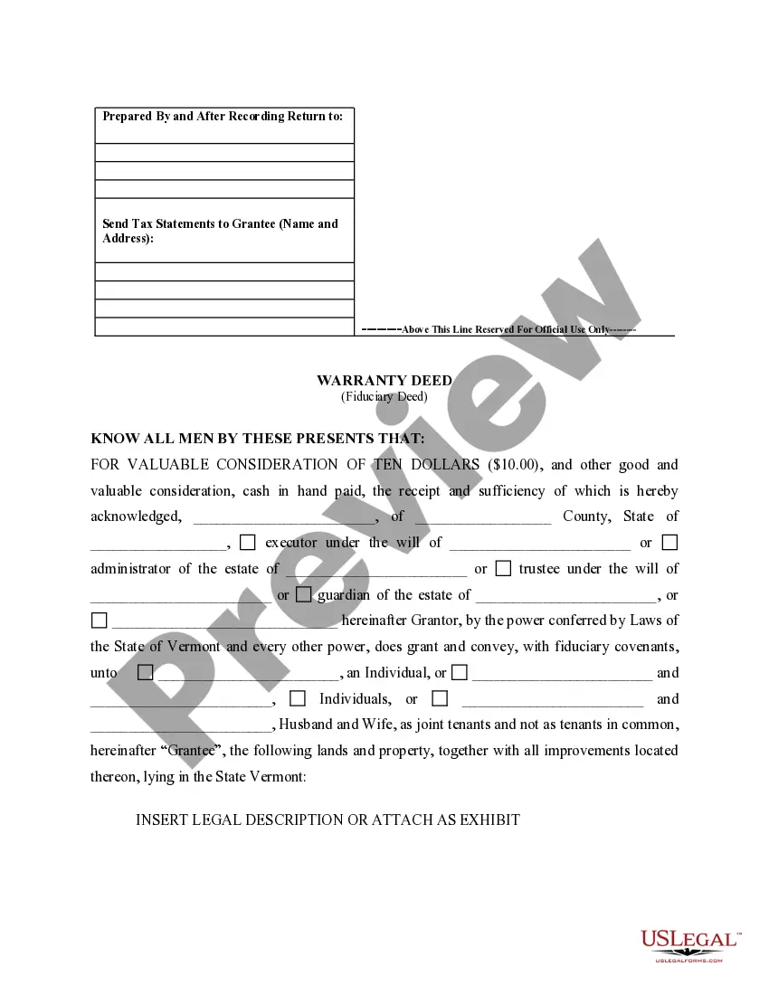 Preview Fiduciary Deed for use by Executors, Trustees, Trustors, Administrators and other Fiduciaries