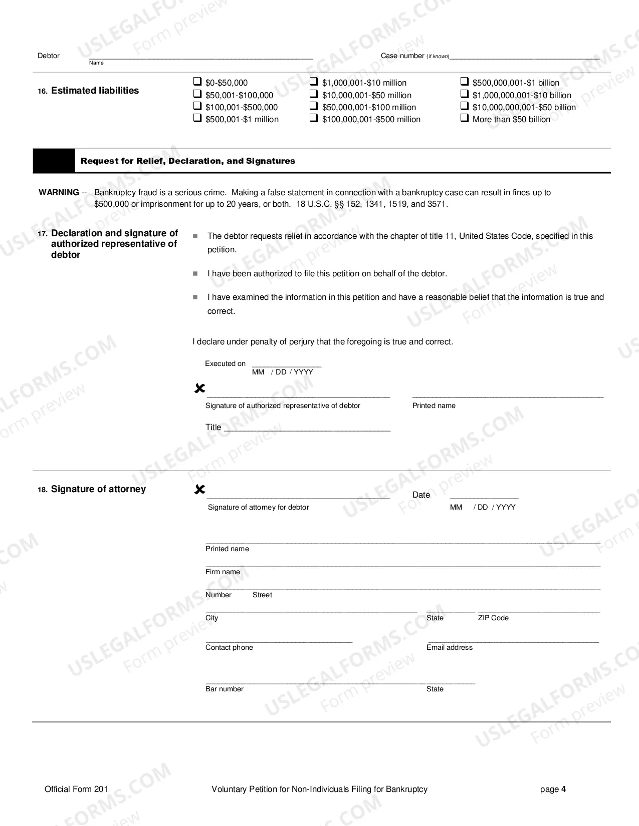 Preview Voluntary Petition for Non-Individuals Filing for Bankruptcy