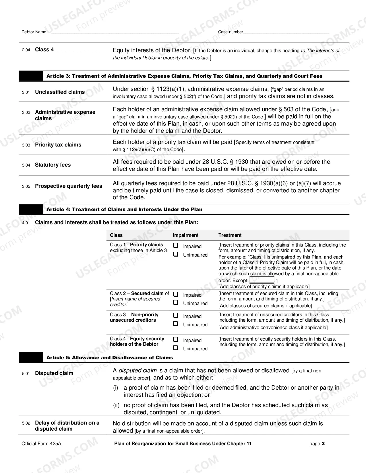 Preview Plan of Reorganization for Small Business Under Chapter 11