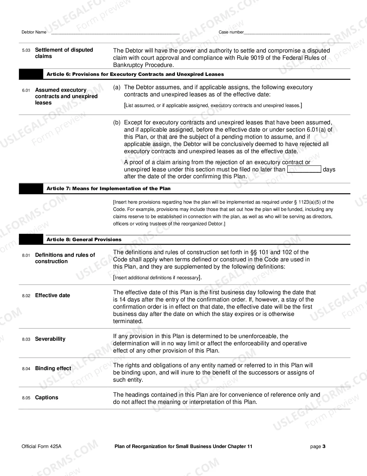 Preview Plan of Reorganization for Small Business Under Chapter 11