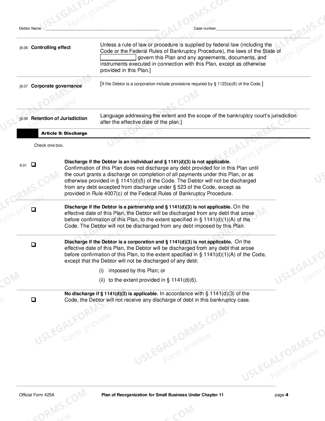 Preview Plan of Reorganization for Small Business Under Chapter 11
