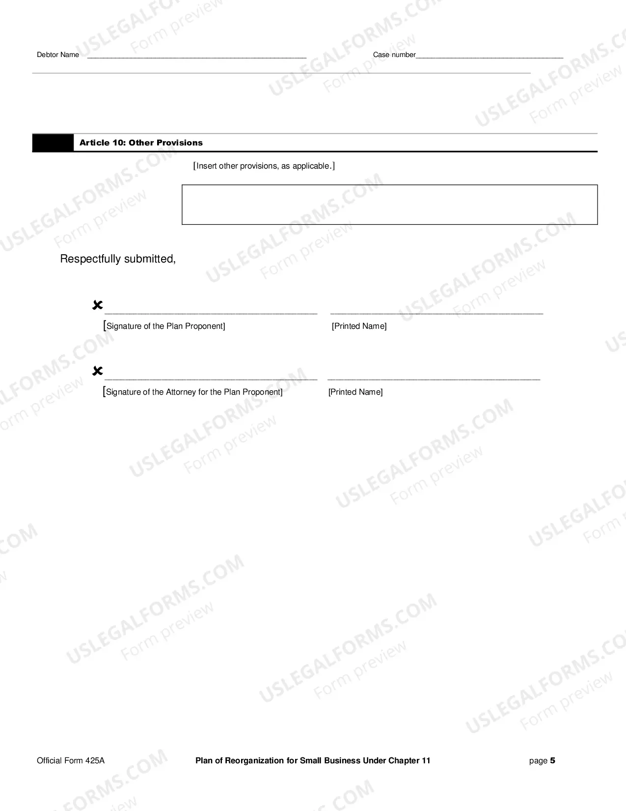 Preview Plan of Reorganization for Small Business Under Chapter 11