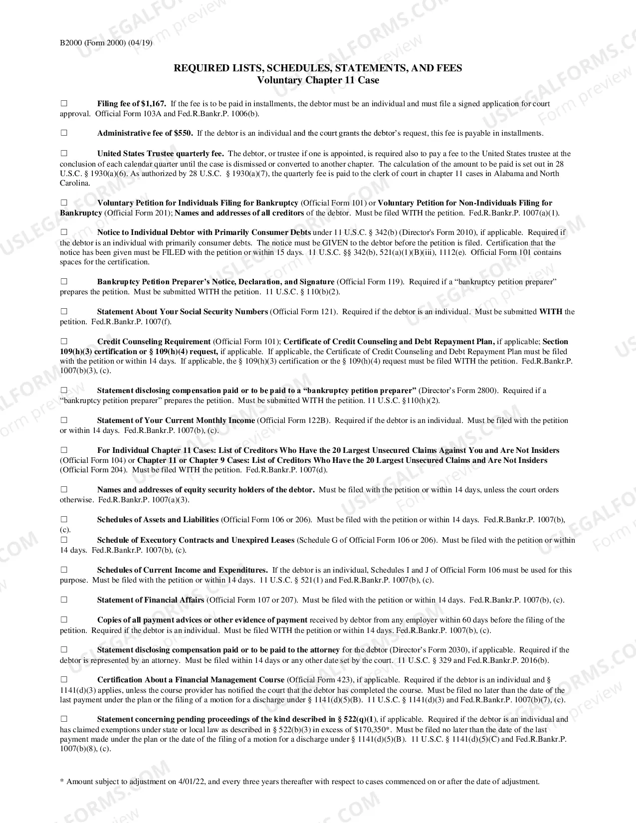 Preview Required Lists, Schedules, Statements, and Fees