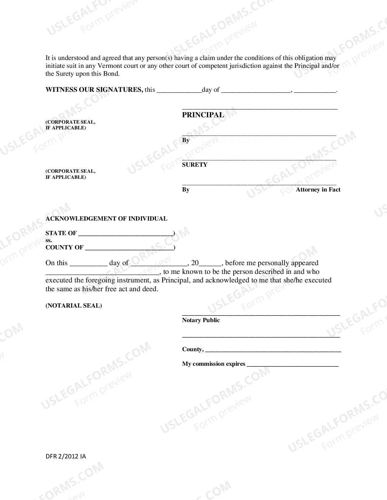 Preview Vermont Surety Bond Form