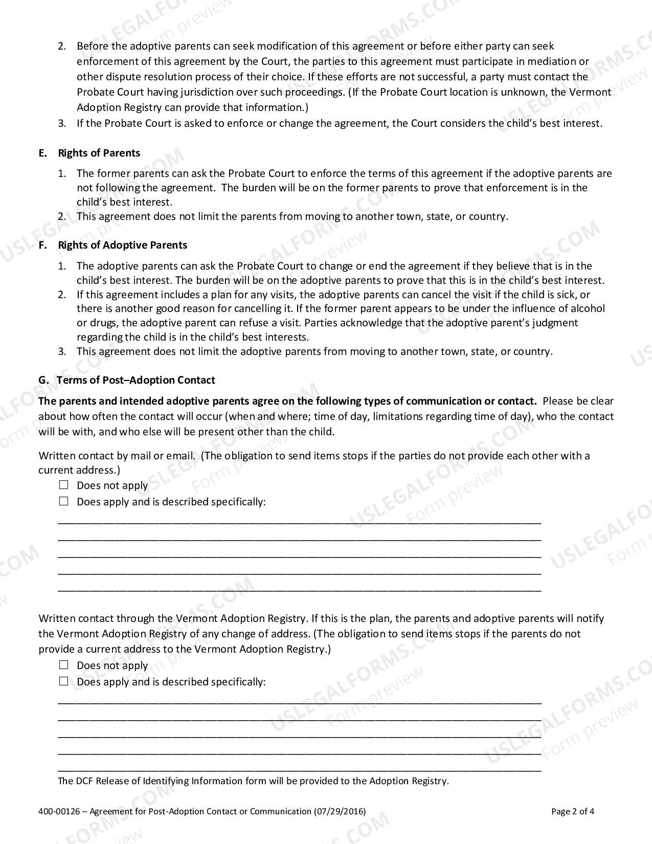 Preview Agreement For Post-Adoption Contact Or Communication