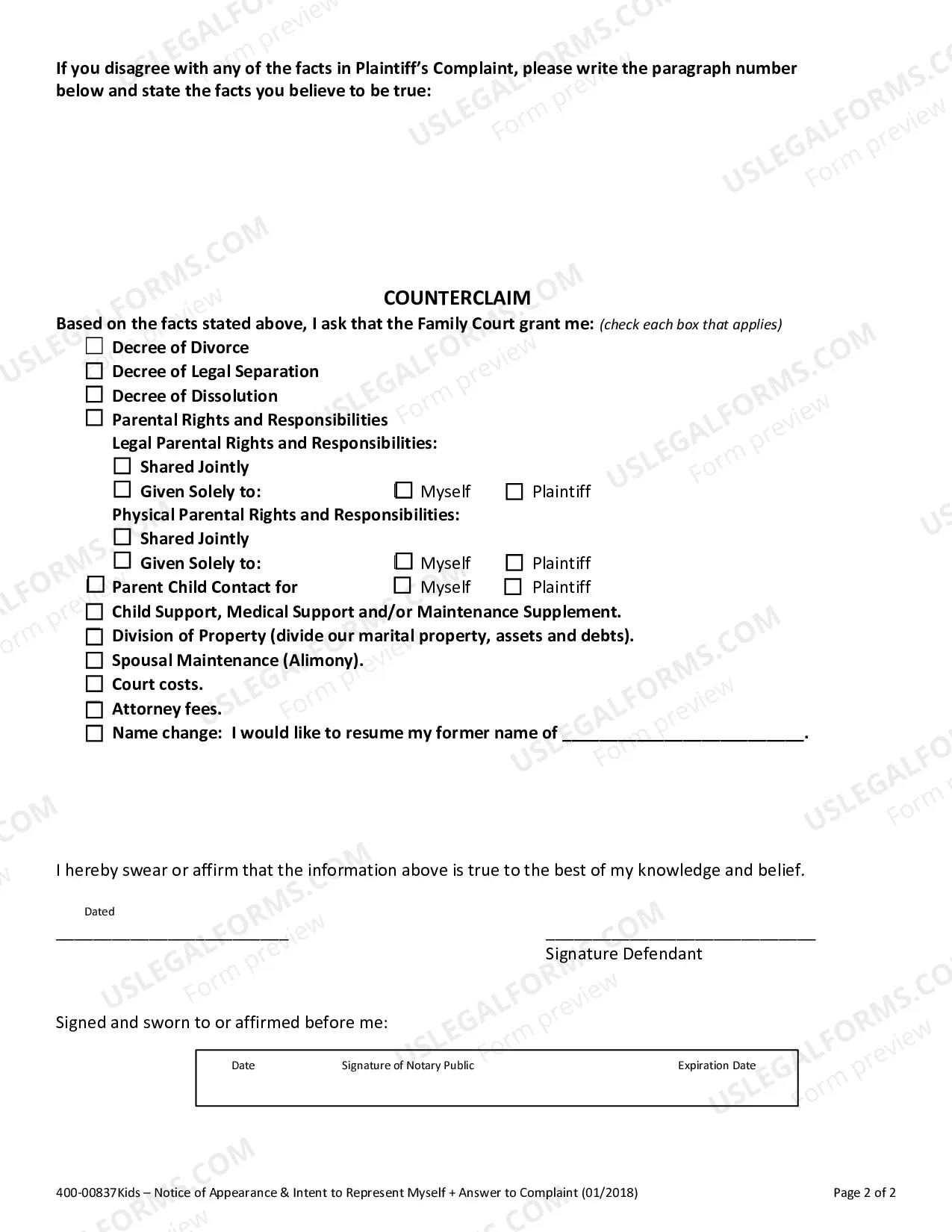 Preview Answer to Complaint For Divorce, Legal Seaparation or Civil Union Dissolution (With Children)