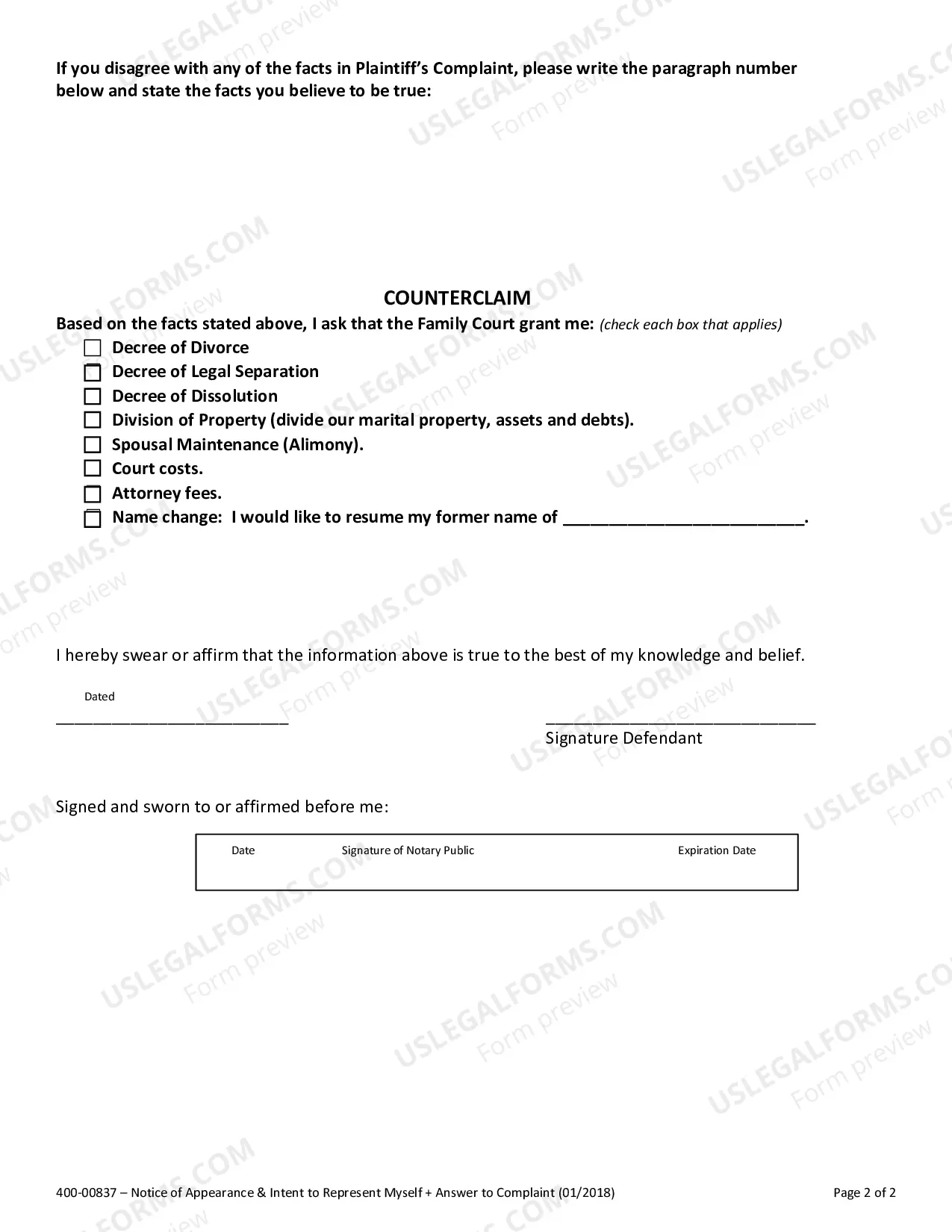 Preview Answer to Complaint For Divorce, Legal Seaparation or Civil Union Dissolution (Without Children)