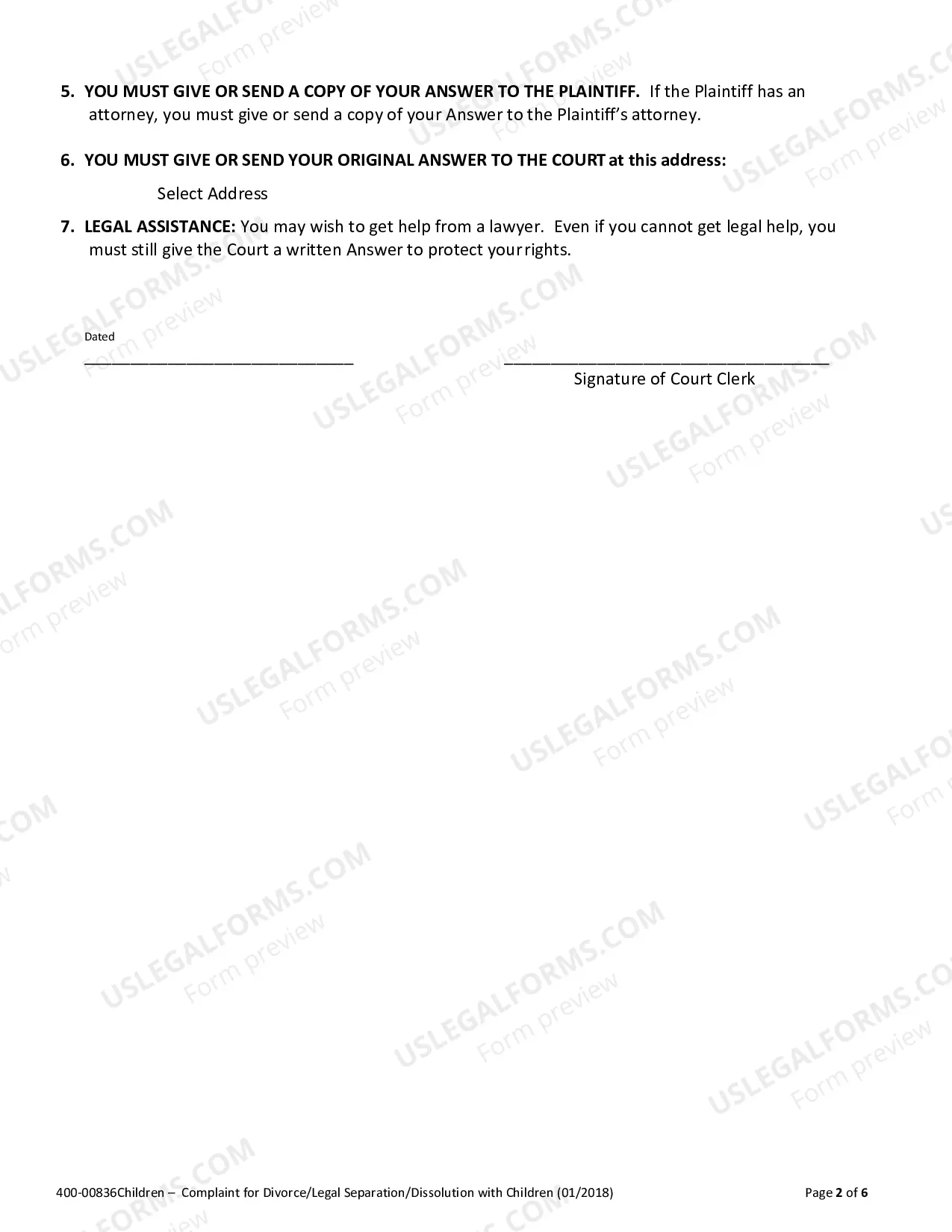 Preview Complaint For Divorce, Legal Seaparation or Civil Union Dissolution (With Children)