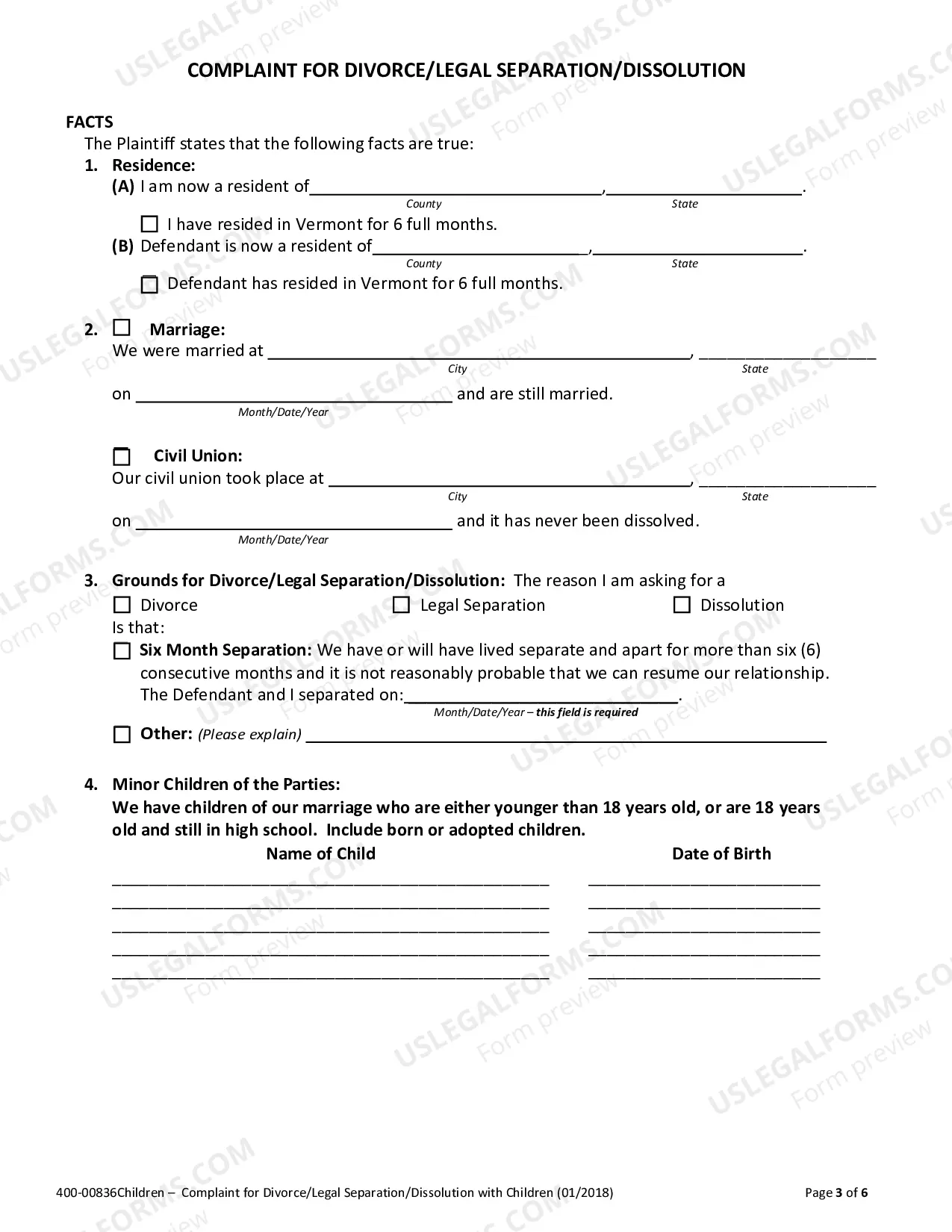 Preview Complaint For Divorce, Legal Seaparation or Civil Union Dissolution (With Children)