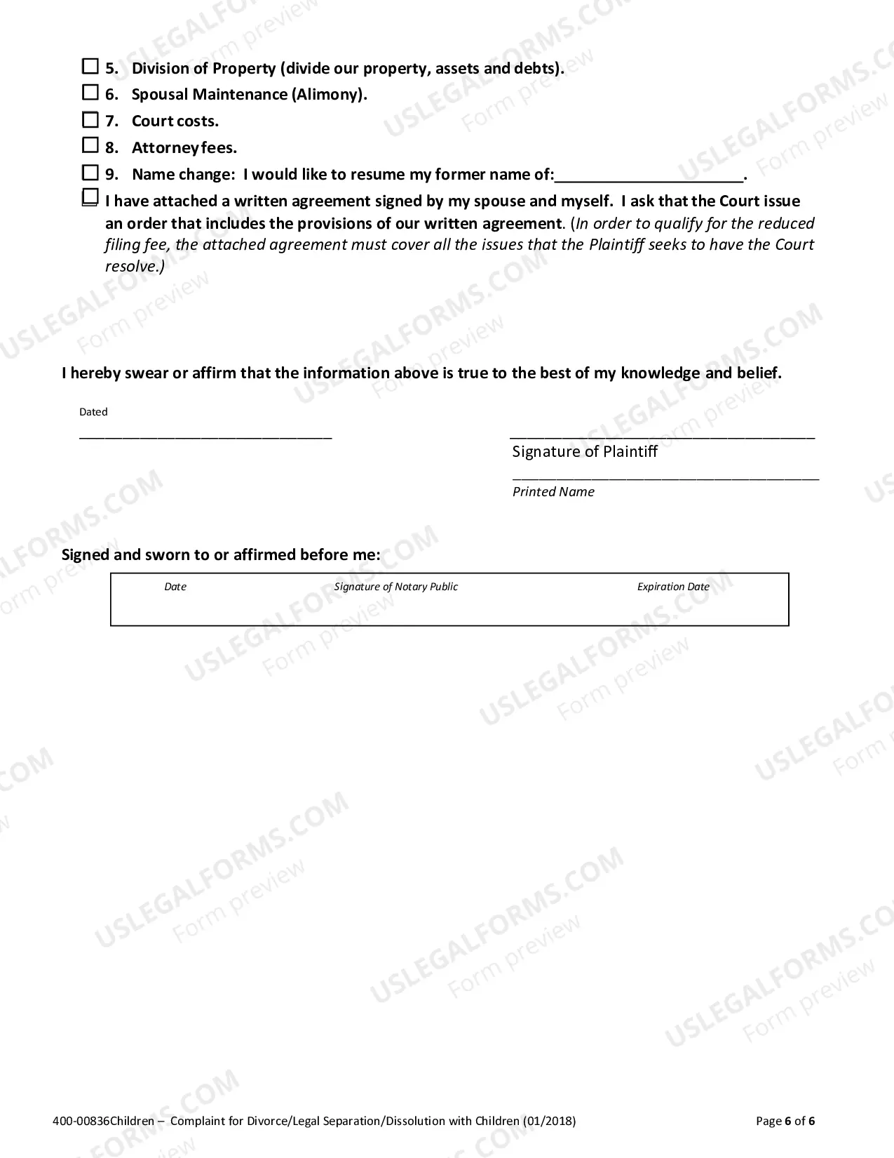 Preview Complaint For Divorce, Legal Seaparation or Civil Union Dissolution (With Children)