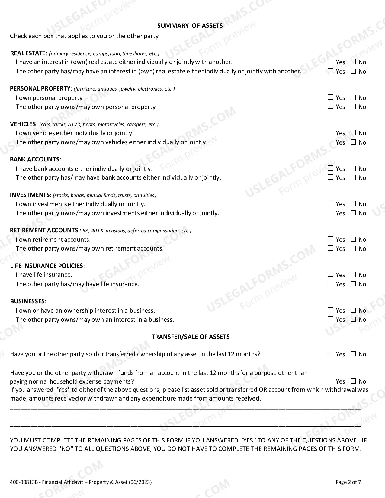 Preview Financial Affidavit (Property and Assets)