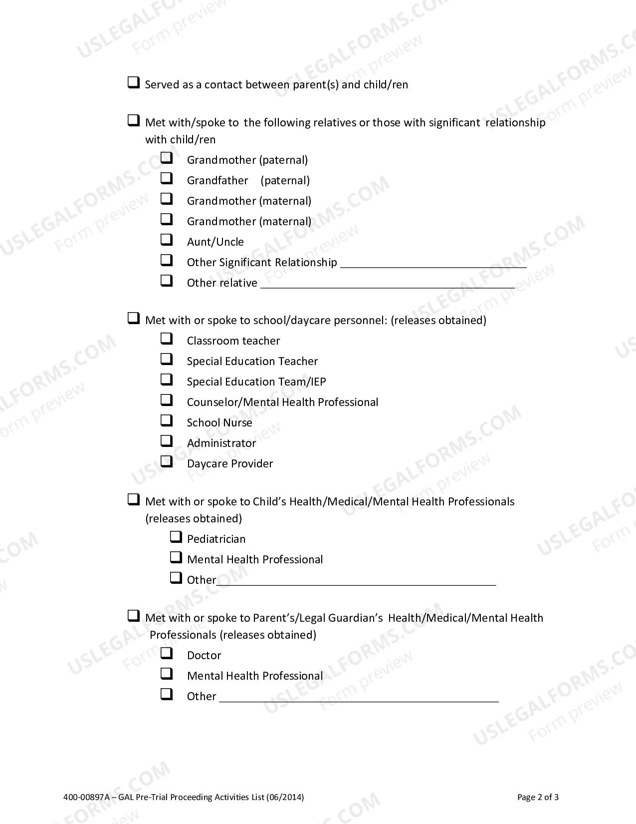 Preview GAL PreTrial Proceeding Activities List