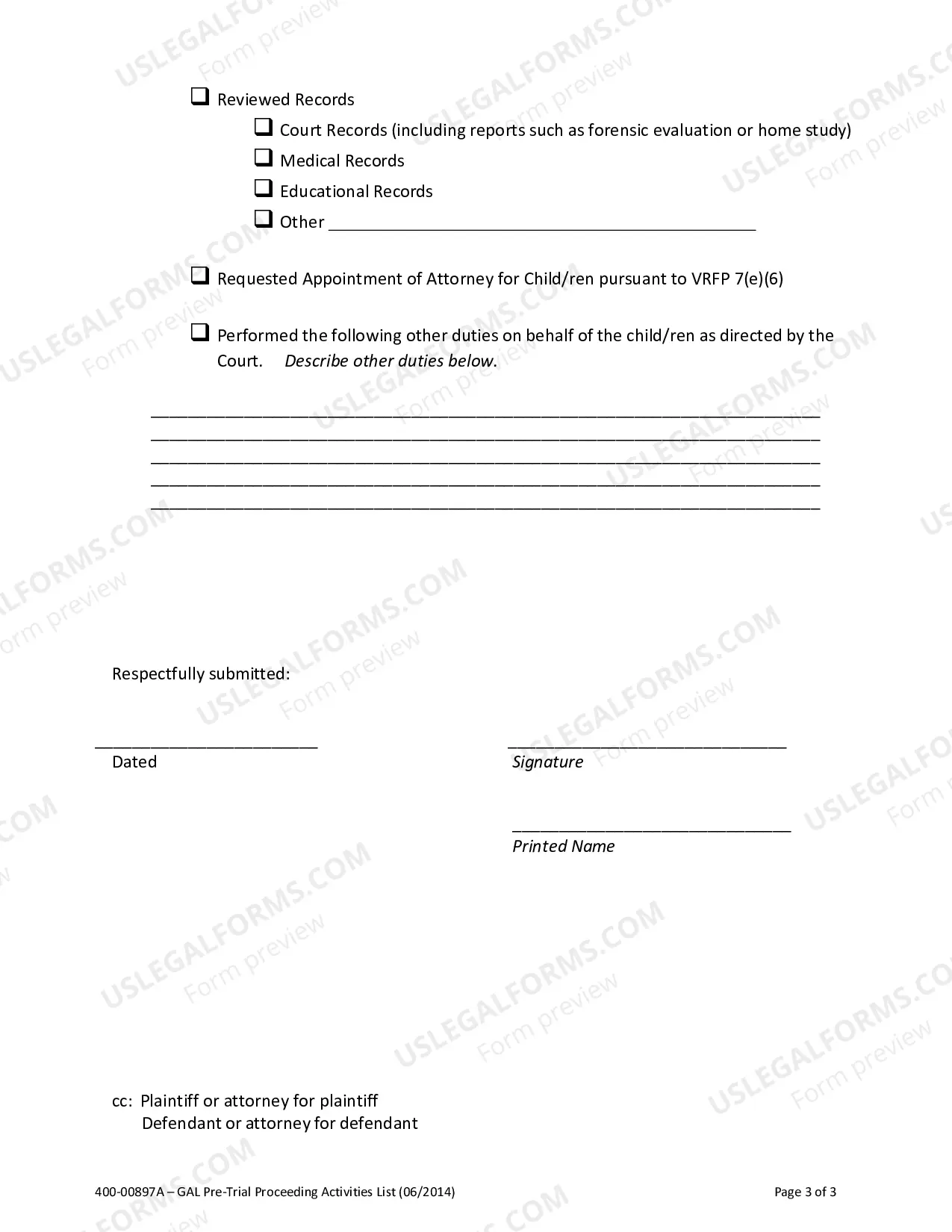 Preview GAL PreTrial Proceeding Activities List