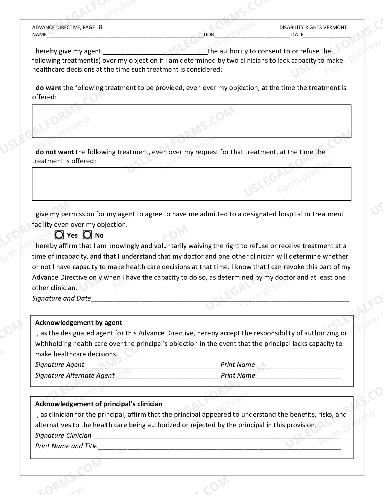 Preview Disability Rights Vermont Advance Directive Form.