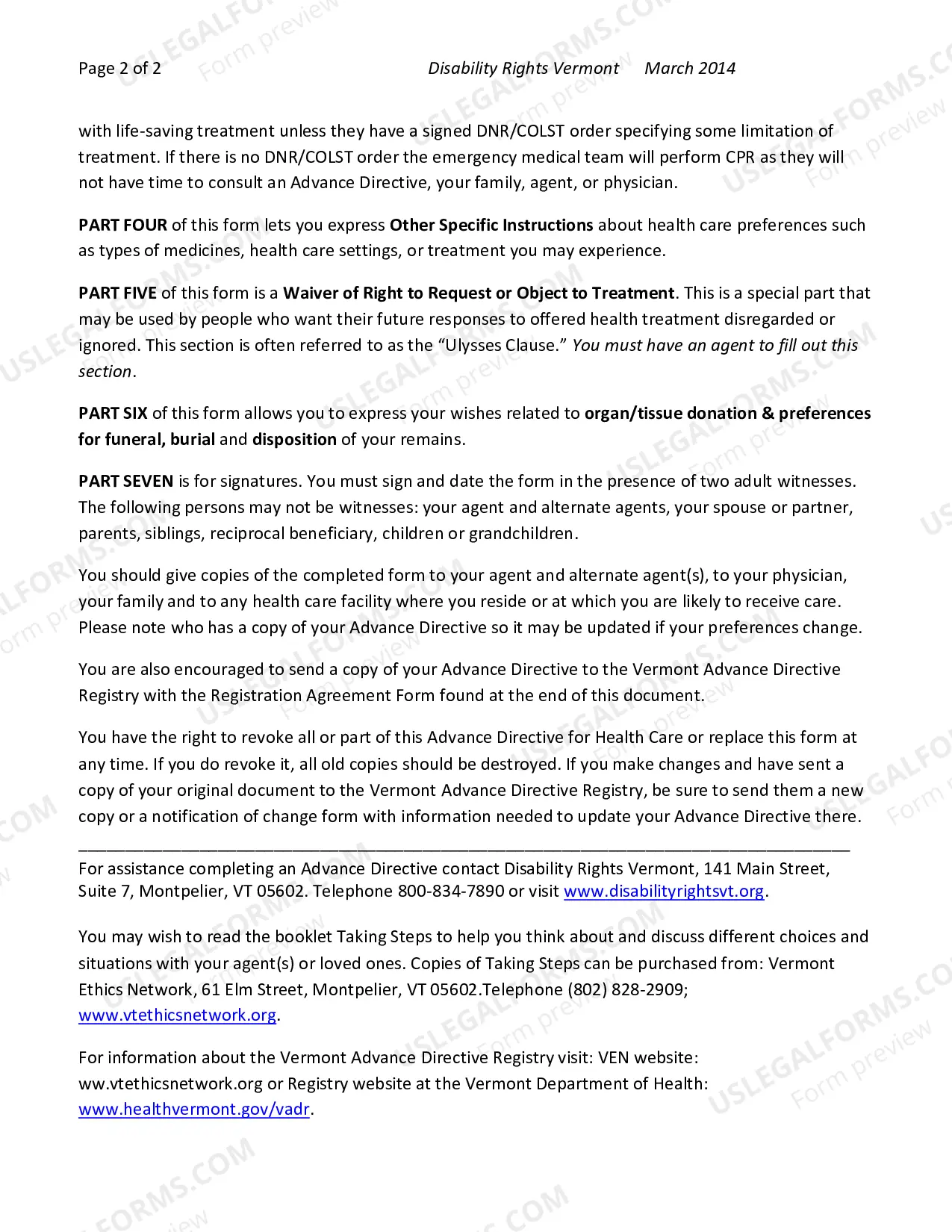 Preview Disability Rights Vermont Advance Directive Form.
