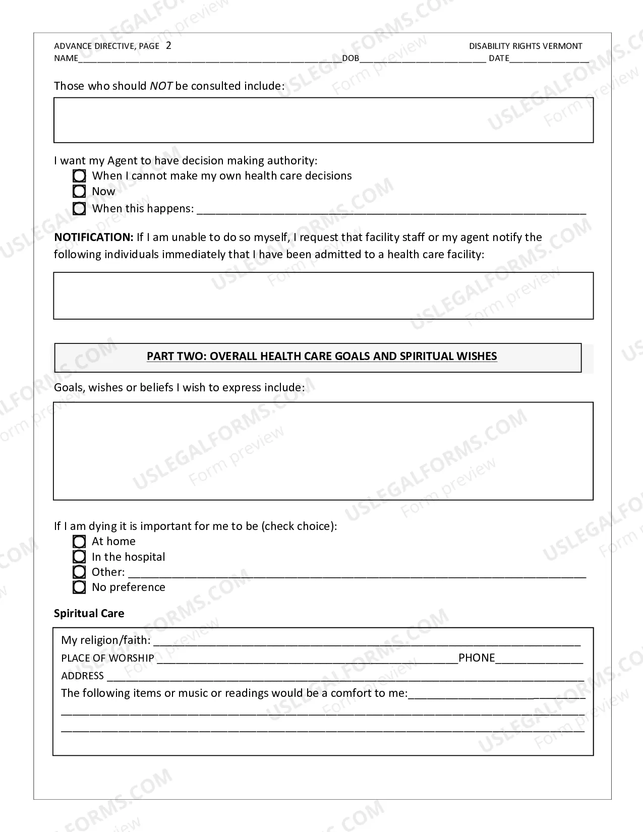 Preview Disability Rights Vermont Advance Directive Form.