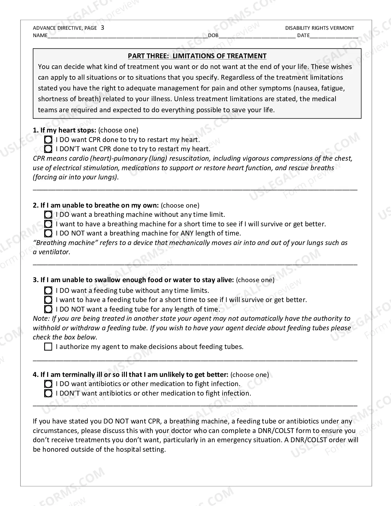 Preview Disability Rights Vermont Advance Directive Form.