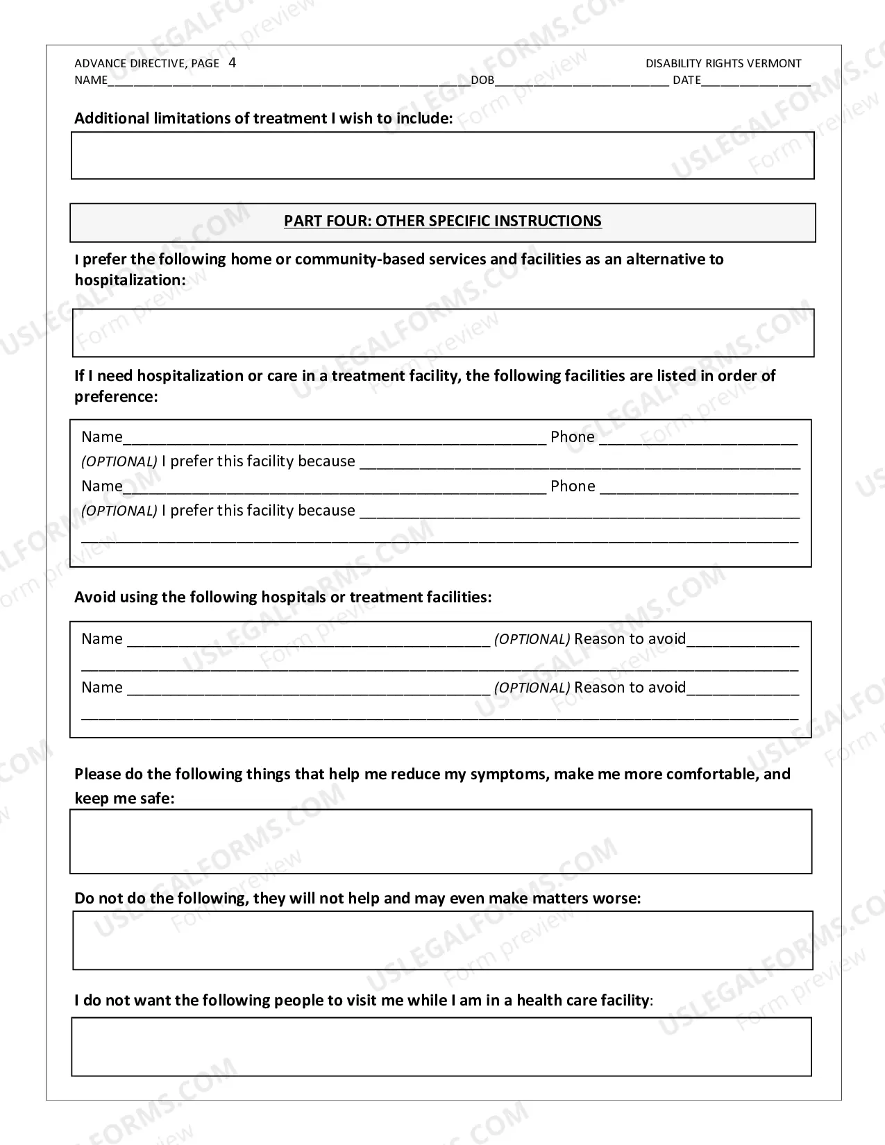 Preview Disability Rights Vermont Advance Directive Form.