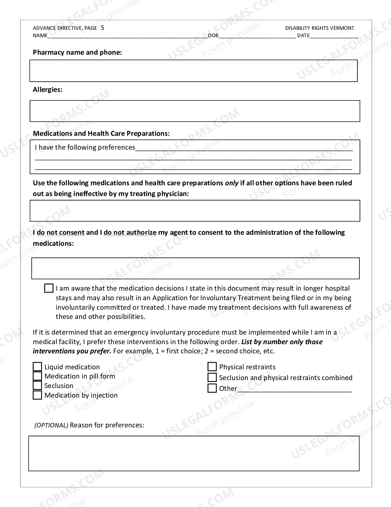 Preview Disability Rights Vermont Advance Directive Form.