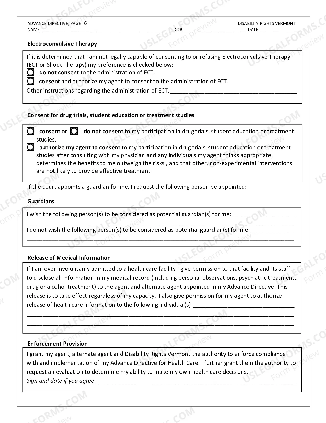 Preview Disability Rights Vermont Advance Directive Form.