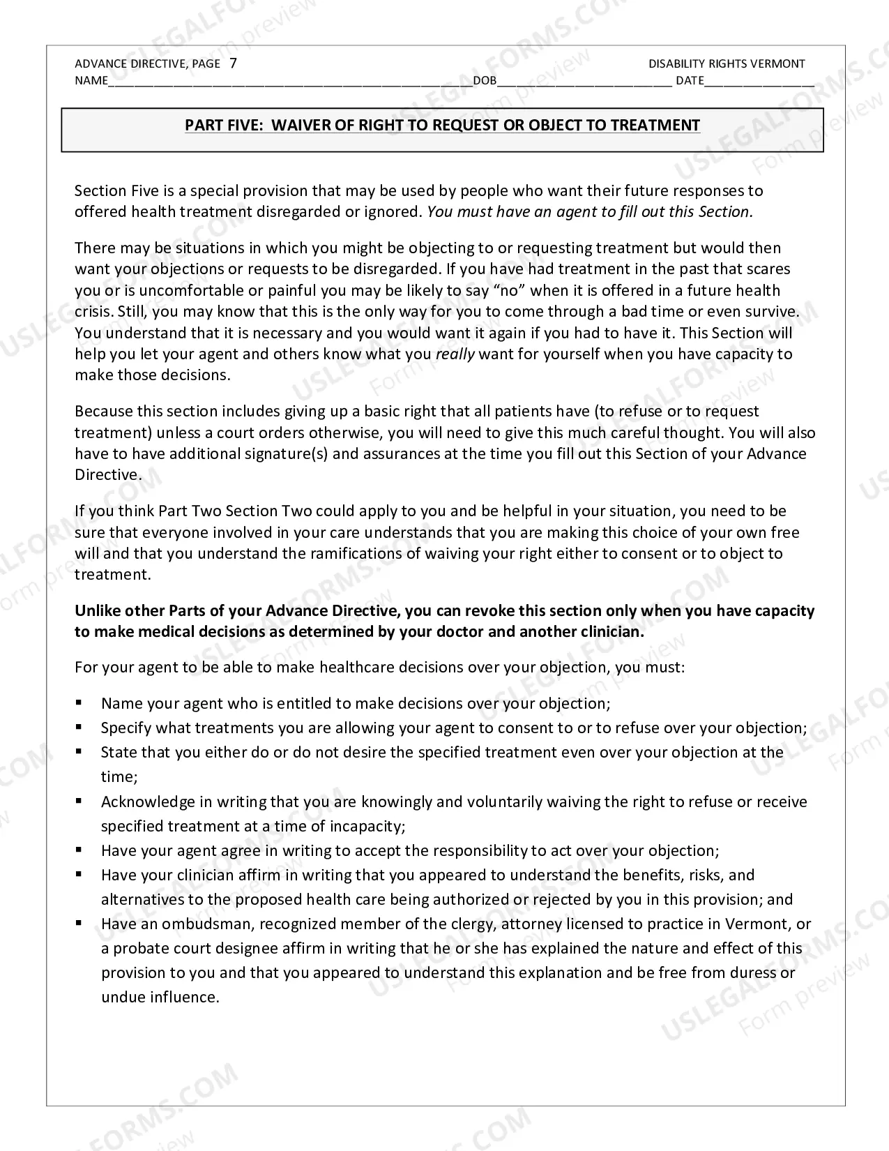 Preview Disability Rights Vermont Advance Directive Form.