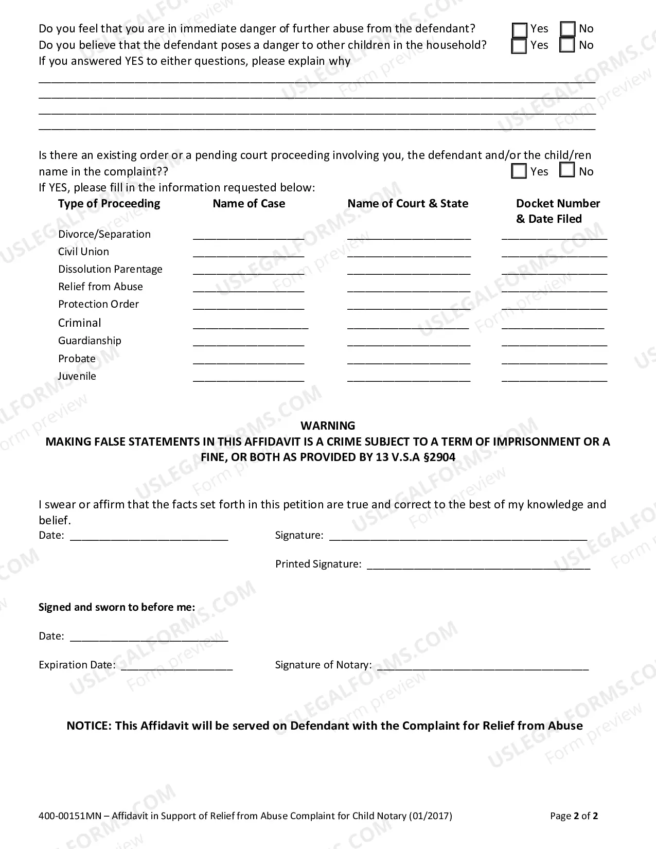 Preview Affidavit in Support of Relief from Abuse Complaint for Child Notary