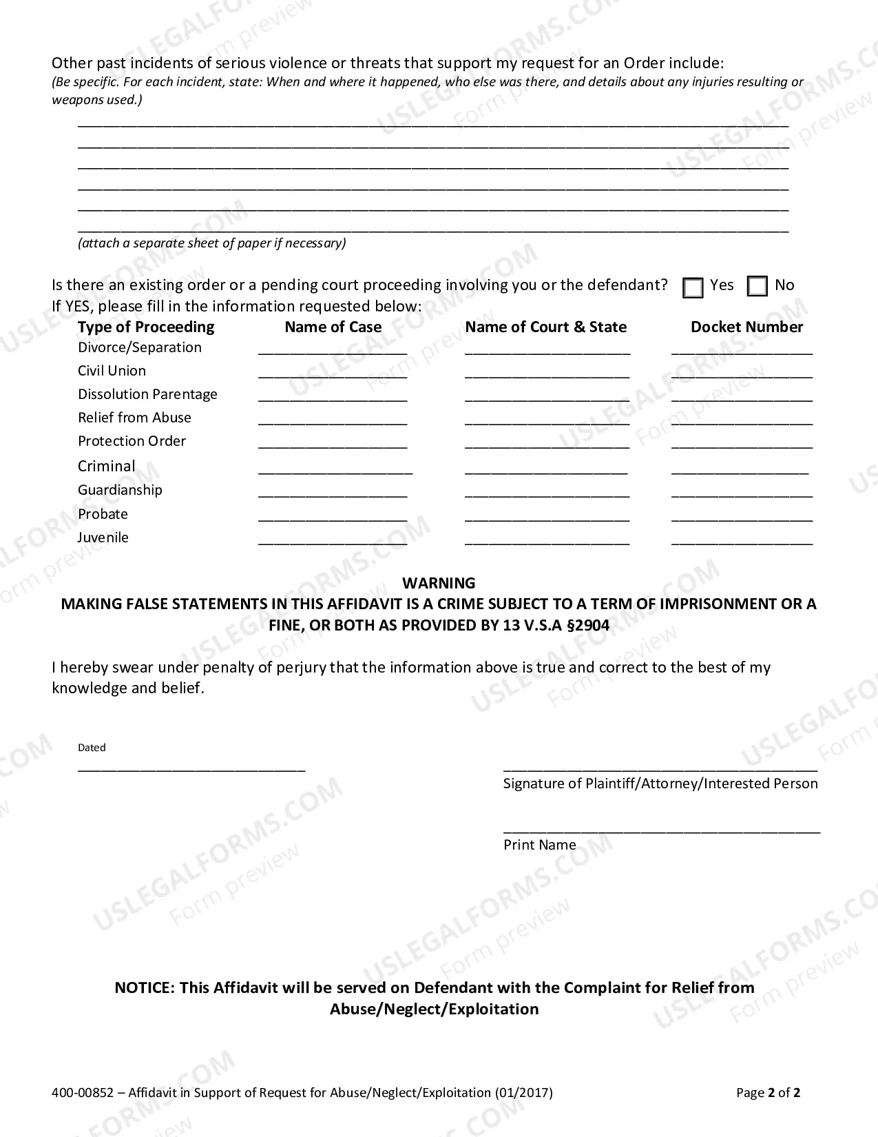 Preview Affidavit Support Request for Abuse/Neglect/Exploitation